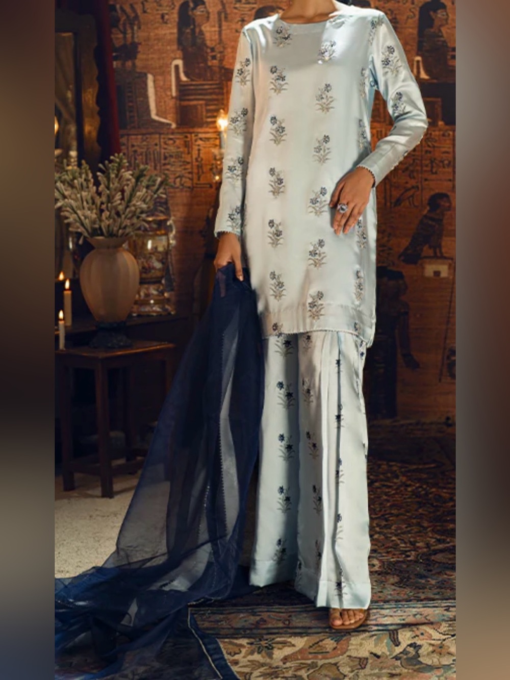 Light Blue Floral Print Silk 3 piece set.